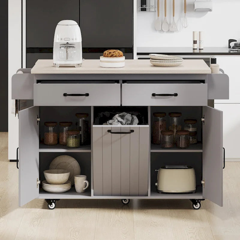 Kitchen Island with Trash Can Storage Cabinet, Rolling Kitchen Island on Wheels with Adjustable Shelf, Drop Leaf & Drawer