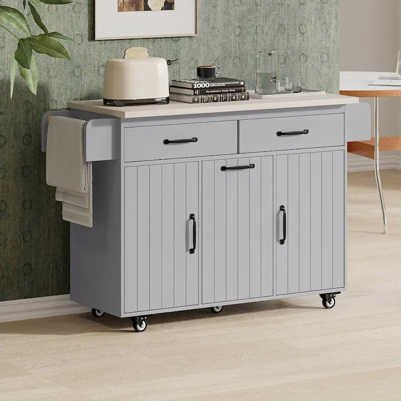 Kitchen Island with Trash Can Storage Cabinet, Rolling Kitchen Island on Wheels with Adjustable Shelf, Drop Leaf & Drawer