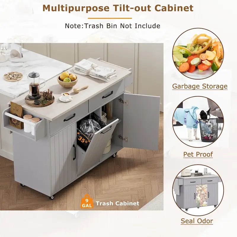 Kitchen Island with Trash Can Storage Cabinet, Rolling Kitchen Island on Wheels with Adjustable Shelf, Drop Leaf & Drawer