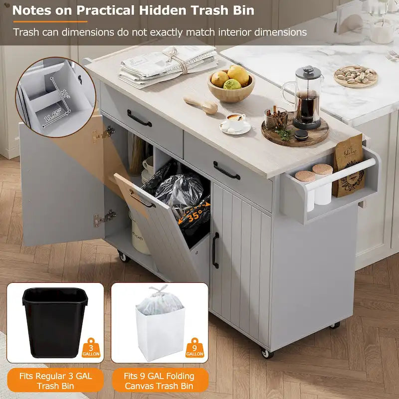 Kitchen Island with Trash Can Storage Cabinet, Rolling Kitchen Island on Wheels with Adjustable Shelf, Drop Leaf & Drawer