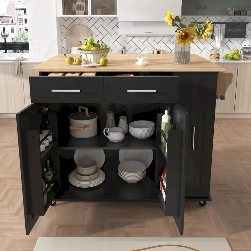 Rolling Kitchen Island Cart, Kitchen Island with 3 Tier Pull Out Cabinet, Portable Trolley Island with Drop Leaf & 2 Drawers