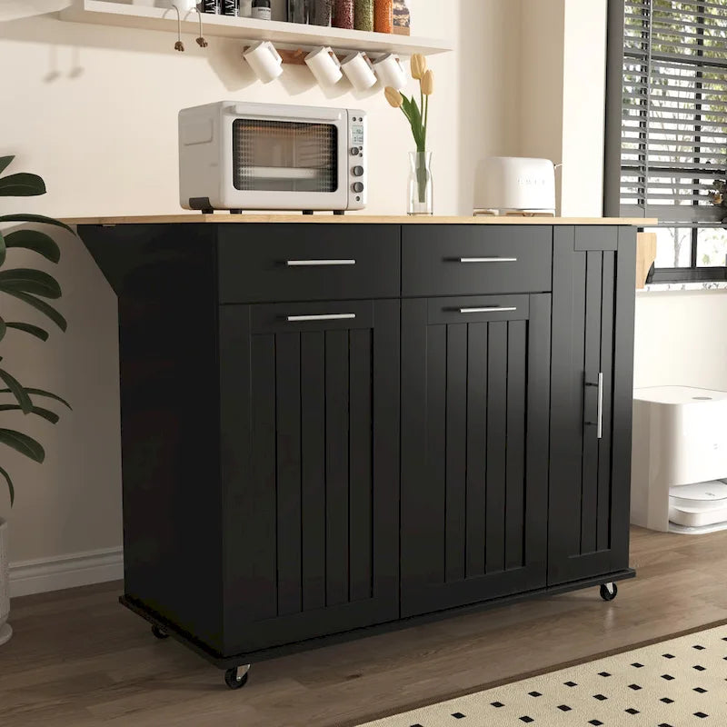 Rolling Kitchen Island Cart, Kitchen Island with 3 Tier Pull Out Cabinet, Portable Trolley Island with Drop Leaf & 2 Drawers
