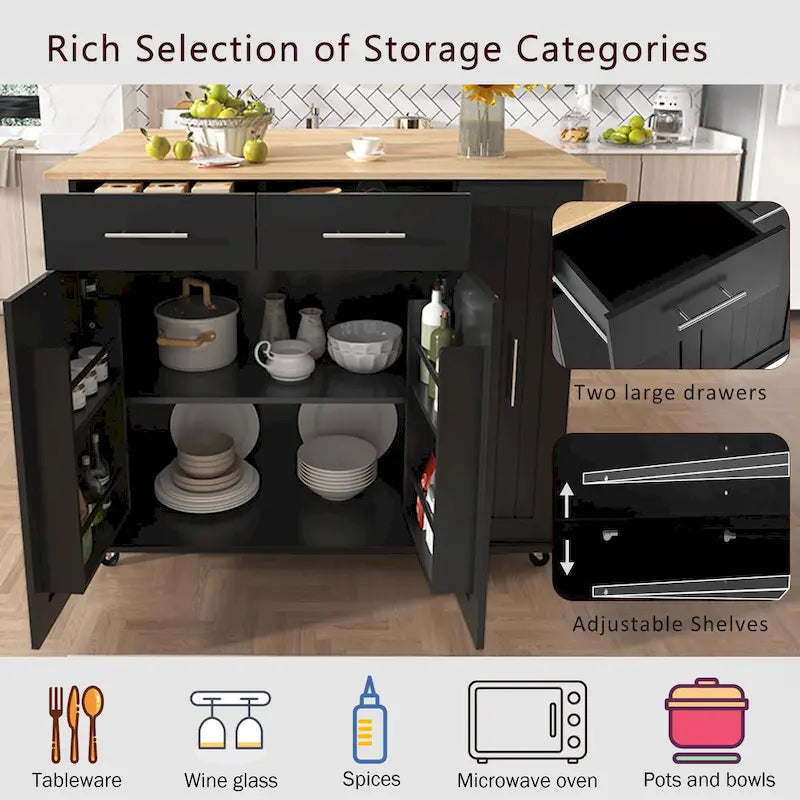 Rolling Kitchen Island Cart, Kitchen Island with 3 Tier Pull Out Cabinet, Portable Trolley Island with Drop Leaf & 2 Drawers