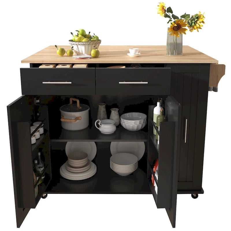 Rolling Kitchen Island Cart, Kitchen Island with 3 Tier Pull Out Cabinet, Portable Trolley Island with Drop Leaf & 2 Drawers
