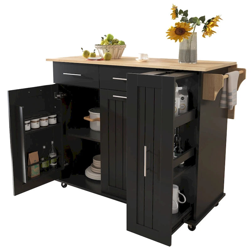 Rolling Kitchen Island Cart, Kitchen Island with 3 Tier Pull Out Cabinet, Portable Trolley Island with Drop Leaf & 2 Drawers