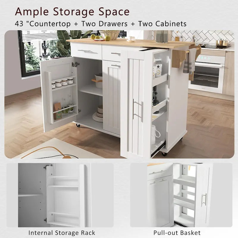 Rolling Kitchen Island Cart, Kitchen Island with 3 Tier Pull Out Cabinet, Portable Trolley Island with Drop Leaf & 2 Drawers