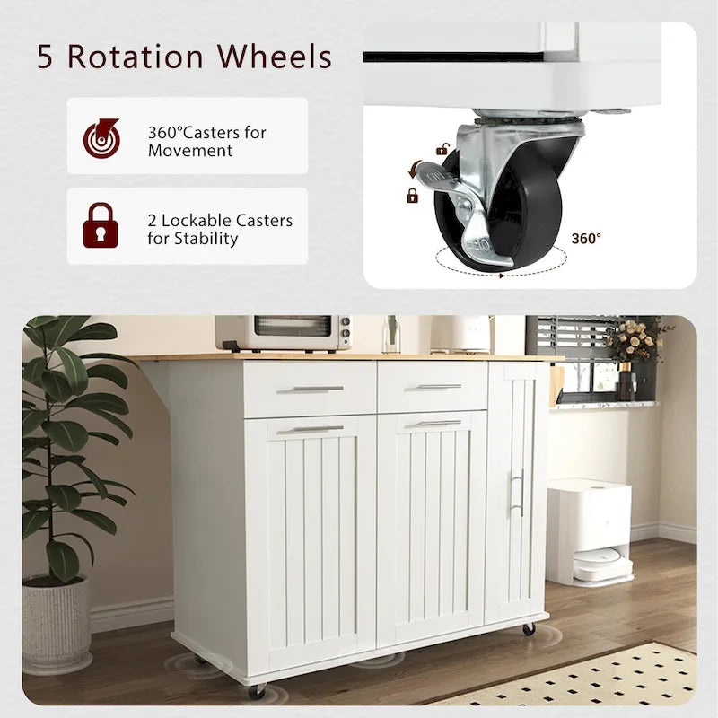 Rolling Kitchen Island Cart, Kitchen Island with 3 Tier Pull Out Cabinet, Portable Trolley Island with Drop Leaf & 2 Drawers