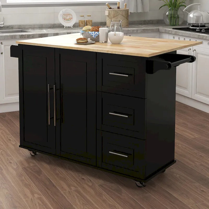 Large Farmhouse Kitchen Island Modern Mobile Kitchen Island Spice Rack Towel Rack and Extendable Solid Wood Table Top