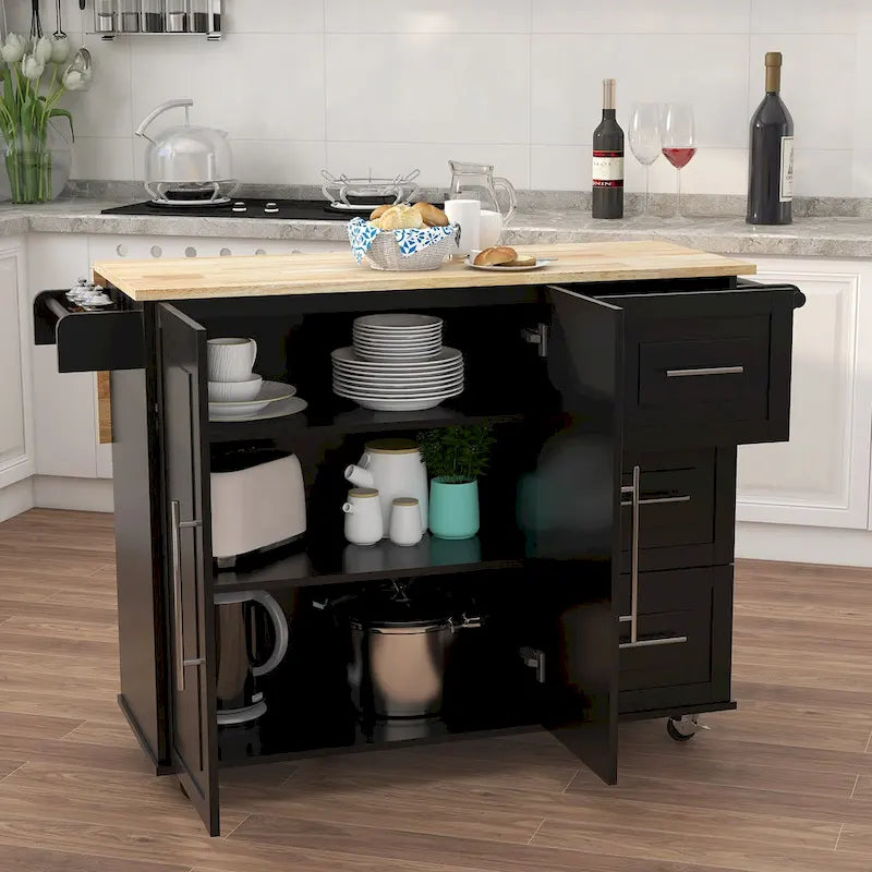 Large Farmhouse Kitchen Island Modern Mobile Kitchen Island Spice Rack Towel Rack and Extendable Solid Wood Table Top