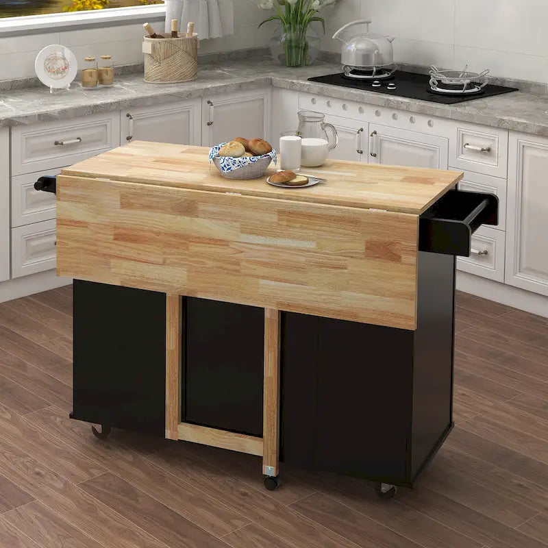 Large Farmhouse Kitchen Island Modern Mobile Kitchen Island Spice Rack Towel Rack and Extendable Solid Wood Table Top