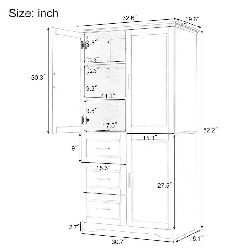 Tall and Wide Storage Cabinet with Doors for Bathroom/Office,Three Drawers - N/A