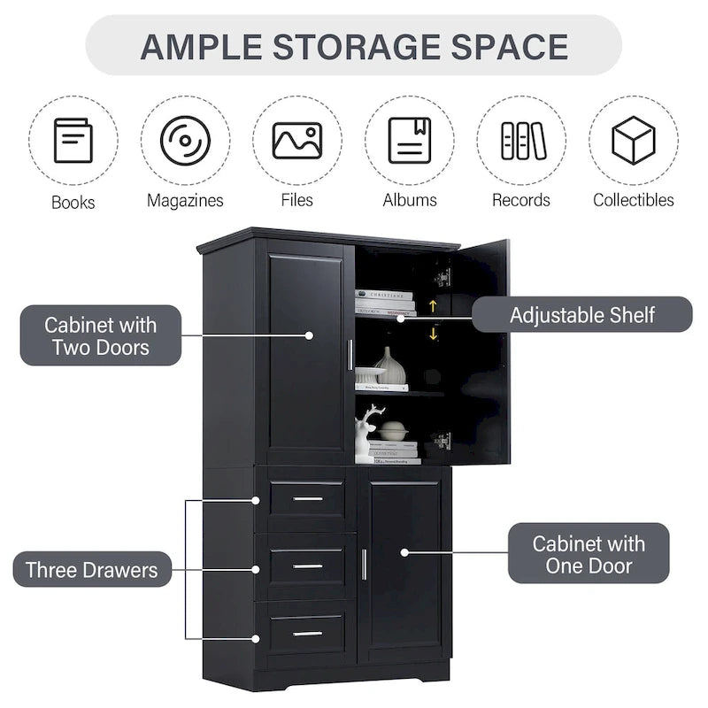 Tall and Wide Storage Cabinet with Doors for Bathroom/Office,Three Drawers - N/A