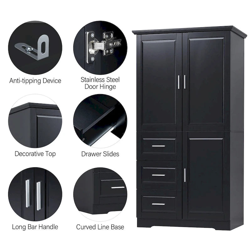 Tall and Wide Storage Cabinet with Doors for Bathroom/Office,Three Drawers - N/A
