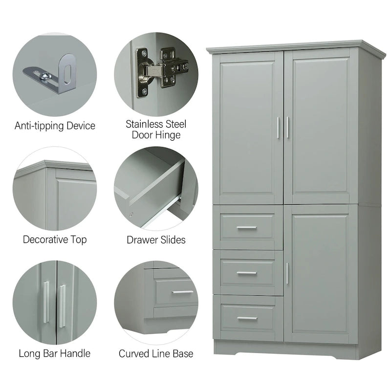 Tall and Wide Storage Cabinet with Doors for Bathroom/Office,Three Drawers - N/A