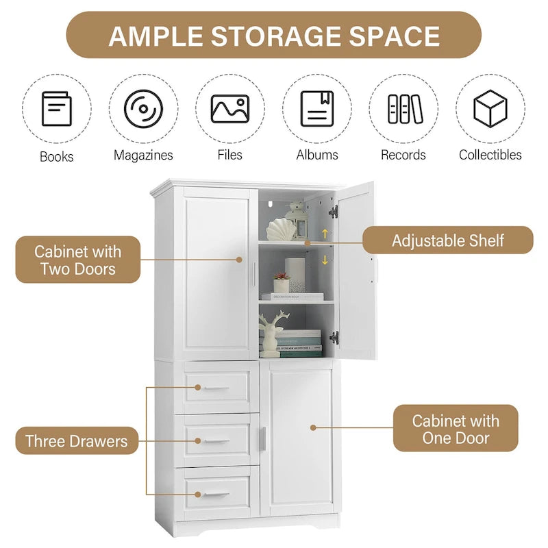Tall and Wide Storage Cabinet with Doors for Bathroom/Office,Three Drawers - N/A