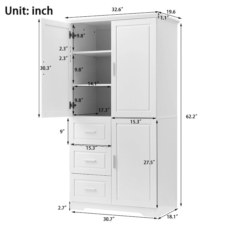 Tall and Wide Storage Cabinet with Doors for Bathroom/Office,Three Drawers - N/A