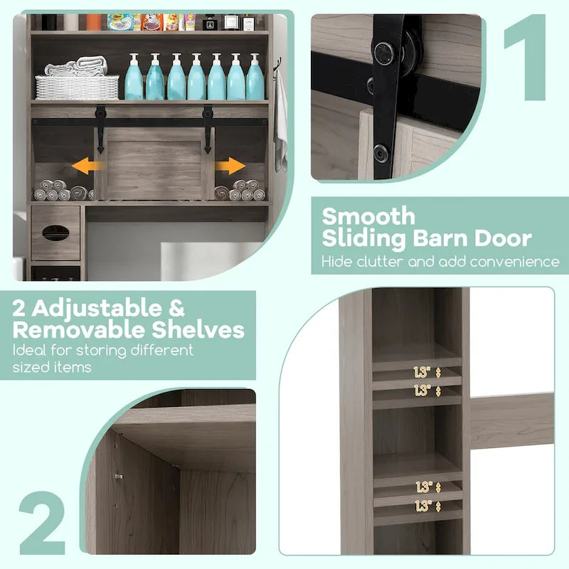 Gymax Over The Toilet Storage Cabinet w/ Sliding Barn Door Adjustable