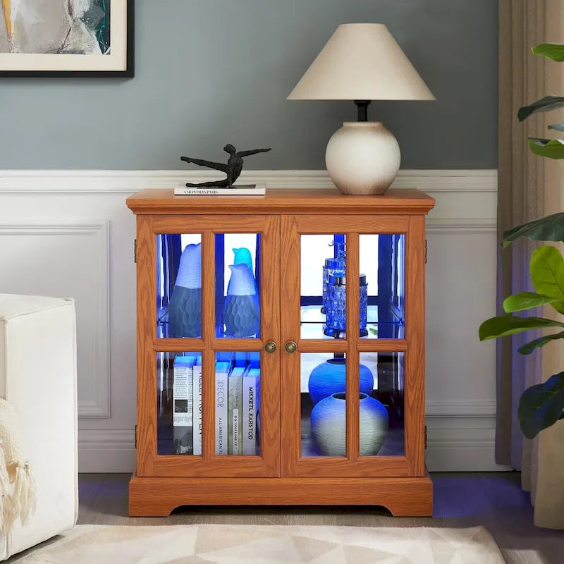 LED Glass Antique Curio Display Cabinet Showcase with Lattice Doors