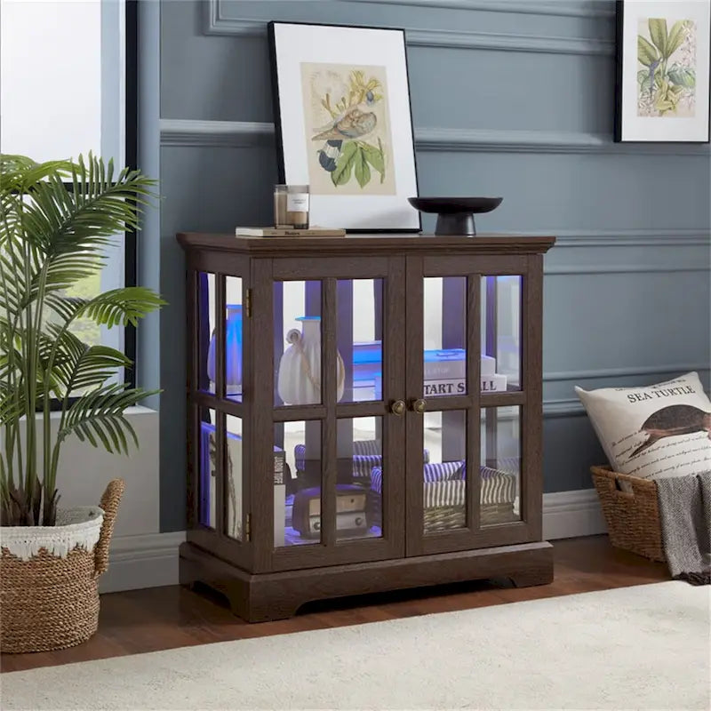 LED Glass Antique Curio Display Cabinet Showcase with Lattice Doors