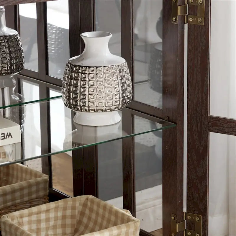 LED Glass Antique Curio Display Cabinet Showcase with Lattice Doors