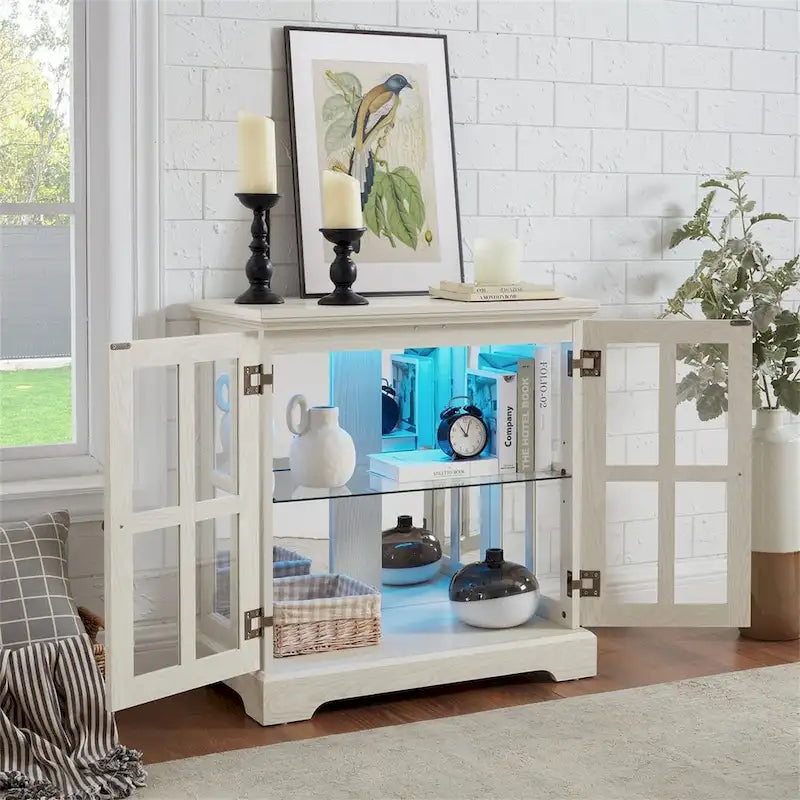 LED Glass Antique Curio Display Cabinet Showcase with Lattice Doors