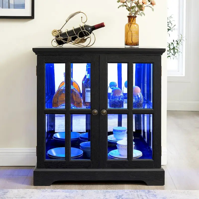 LED Glass Antique Curio Display Cabinet Showcase with Lattice Doors