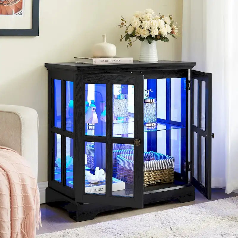 LED Glass Antique Curio Display Cabinet Showcase with Lattice Doors
