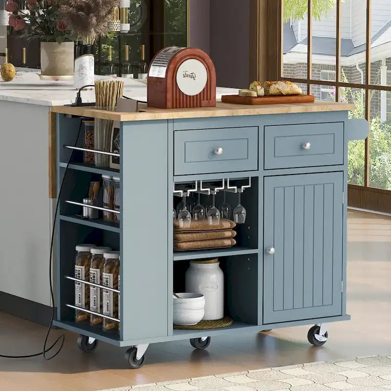 Roomfitters Kitchen Island with Power Outlet, Kitchen Storage Island with Drop Leaf and Rubber Wood, 5 Wheels