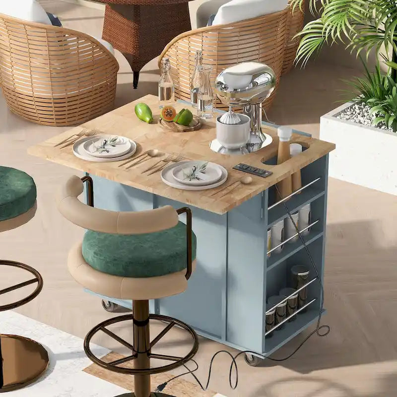Roomfitters Kitchen Island with Power Outlet, Kitchen Storage Island with Drop Leaf and Rubber Wood, 5 Wheels
