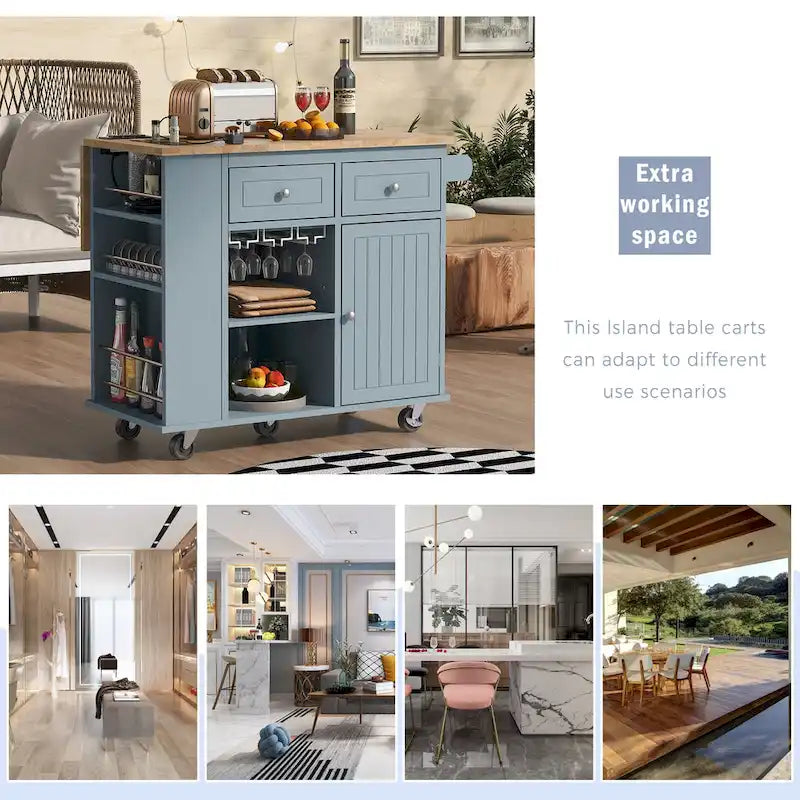 Roomfitters Kitchen Island with Power Outlet, Kitchen Storage Island with Drop Leaf and Rubber Wood, 5 Wheels