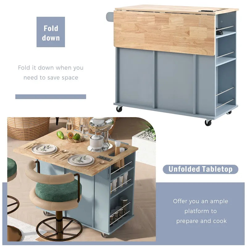 Roomfitters Kitchen Island with Power Outlet, Kitchen Storage Island with Drop Leaf and Rubber Wood, 5 Wheels