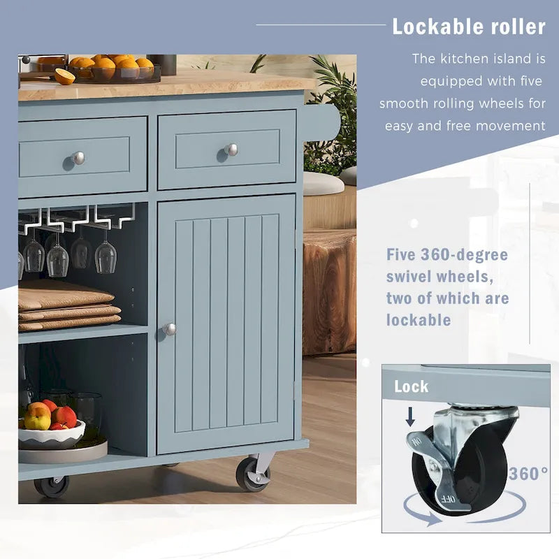 Roomfitters Kitchen Island with Power Outlet, Kitchen Storage Island with Drop Leaf and Rubber Wood, 5 Wheels