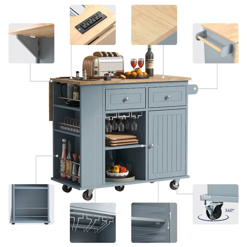 Roomfitters Kitchen Island with Power Outlet, Kitchen Storage Island with Drop Leaf and Rubber Wood, 5 Wheels
