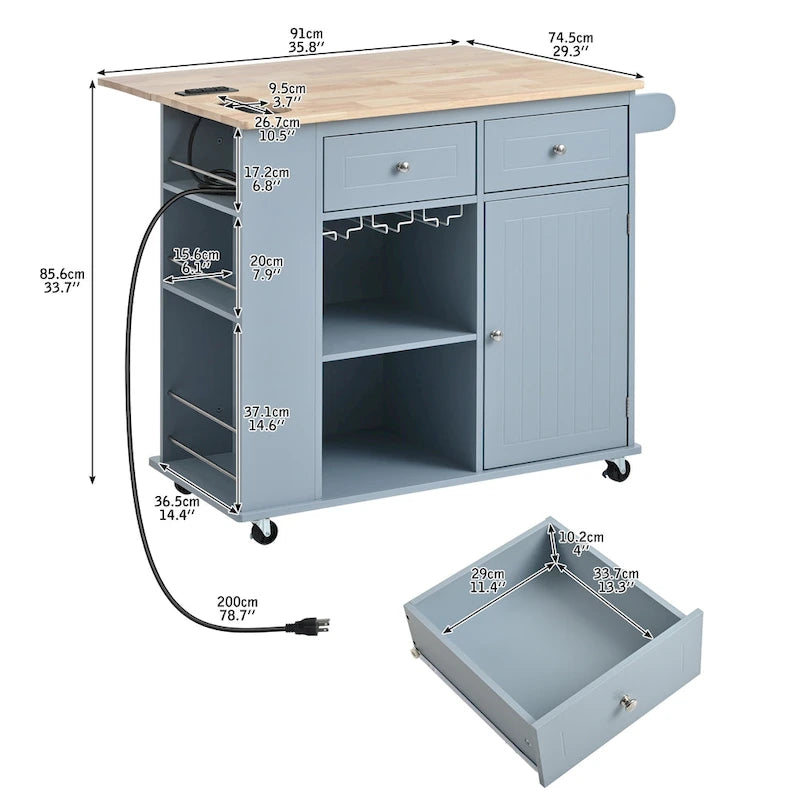 Roomfitters Kitchen Island with Power Outlet, Kitchen Storage Island with Drop Leaf and Rubber Wood, 5 Wheels