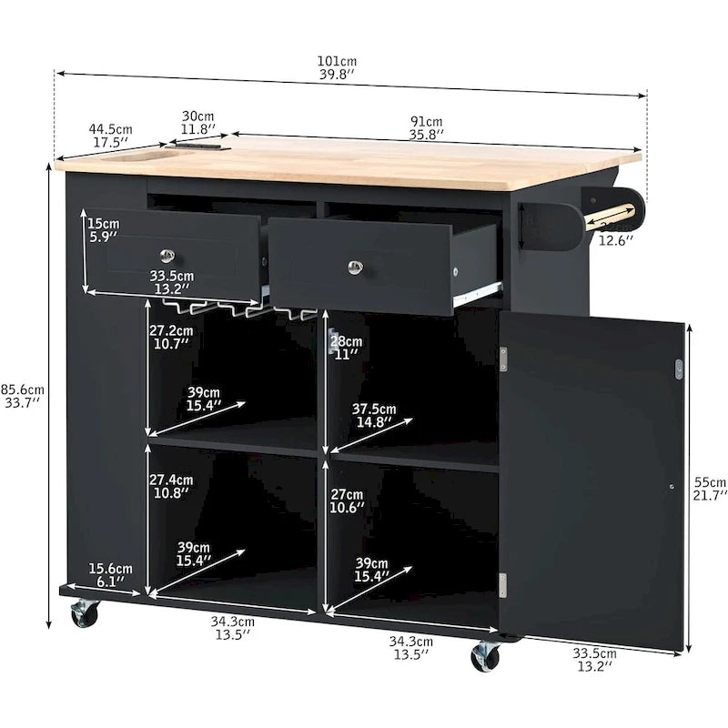 Roomfitters Kitchen Island with Power Outlet, Kitchen Storage Island with Drop Leaf and Rubber Wood, 5 Wheels