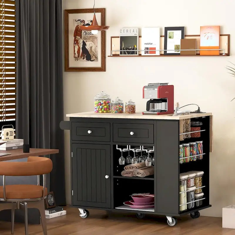 Roomfitters Kitchen Island with Power Outlet, Kitchen Storage Island with Drop Leaf and Rubber Wood, 5 Wheels