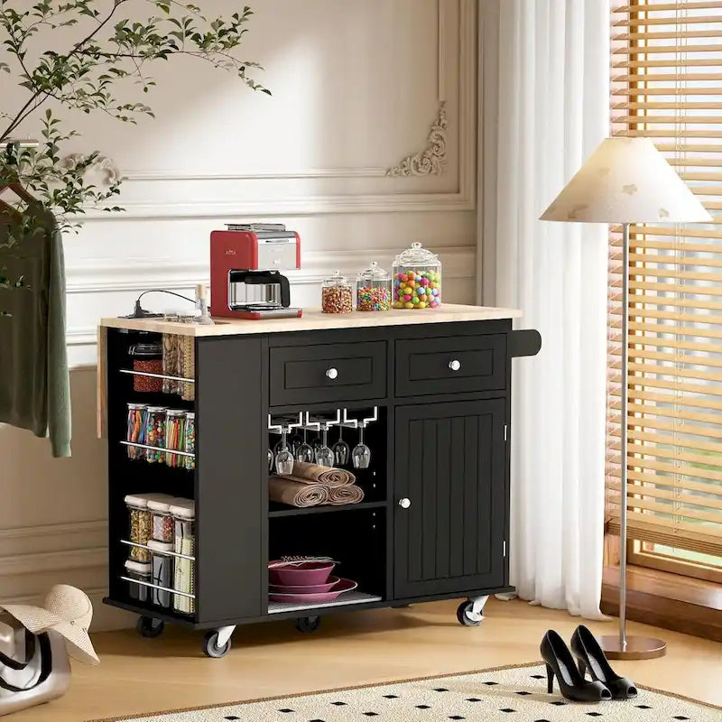 Roomfitters Kitchen Island with Power Outlet, Kitchen Storage Island with Drop Leaf and Rubber Wood, 5 Wheels