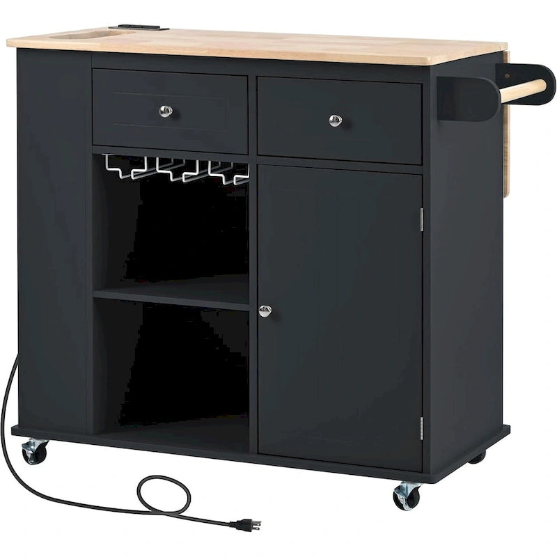 Roomfitters Kitchen Island with Power Outlet, Kitchen Storage Island with Drop Leaf and Rubber Wood, 5 Wheels