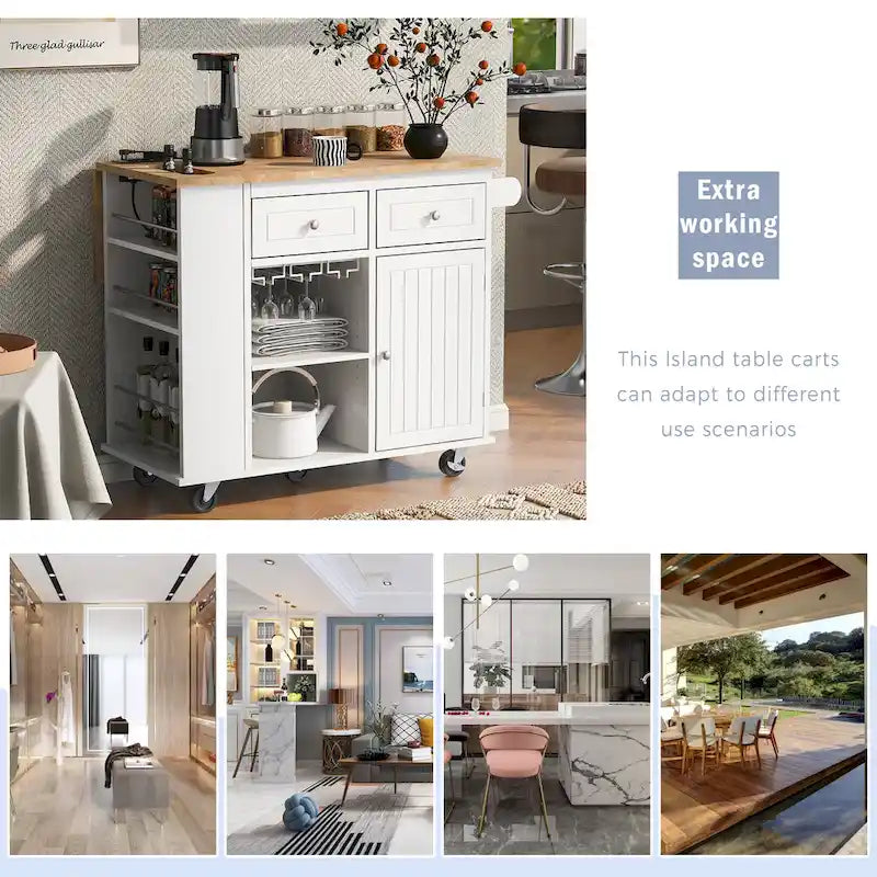 Roomfitters Kitchen Island with Power Outlet, Kitchen Storage Island with Drop Leaf and Rubber Wood, 5 Wheels