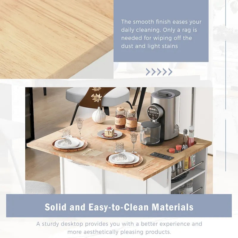 Roomfitters Kitchen Island with Power Outlet, Kitchen Storage Island with Drop Leaf and Rubber Wood, 5 Wheels
