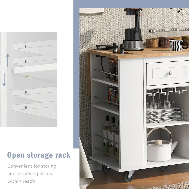 Roomfitters Kitchen Island with Power Outlet, Kitchen Storage Island with Drop Leaf and Rubber Wood, 5 Wheels