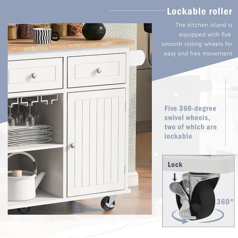 Roomfitters Kitchen Island with Power Outlet, Kitchen Storage Island with Drop Leaf and Rubber Wood, 5 Wheels