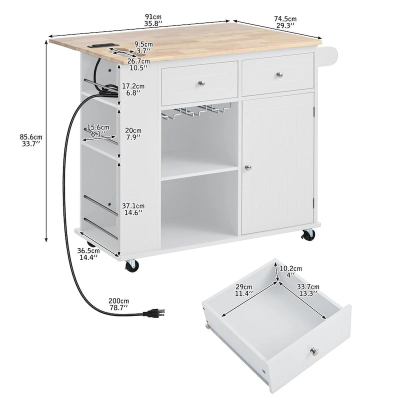 Roomfitters Kitchen Island with Power Outlet, Kitchen Storage Island with Drop Leaf and Rubber Wood, 5 Wheels