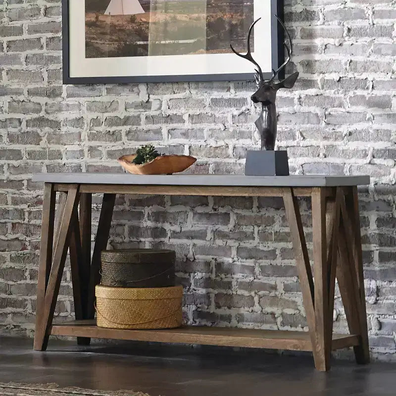 Meuble TV/console multimédia de 52 pouces — Dessus aspect béton, bois gris clair/marron