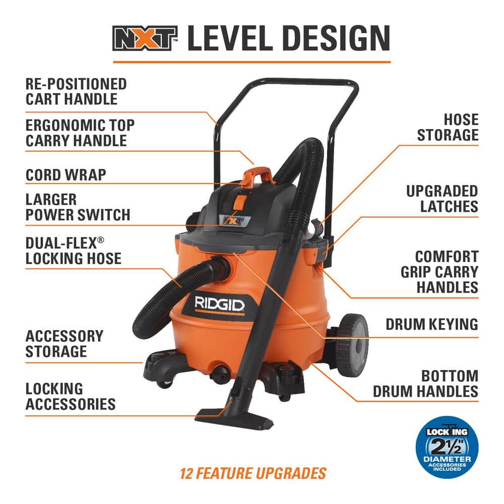 16 Gallon 6.5 Peak HP NXT Wet/Dry Shop Vacuum with Cart, Fine Dust Filter, Locking Hose and Accessories HD1800