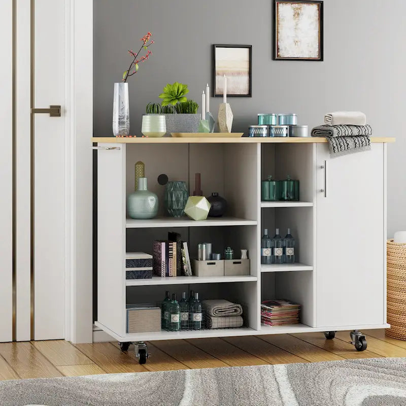 Futzca 47W Kitchen Storage Island Cart with 6 Open Shelves and 1 Cabinet