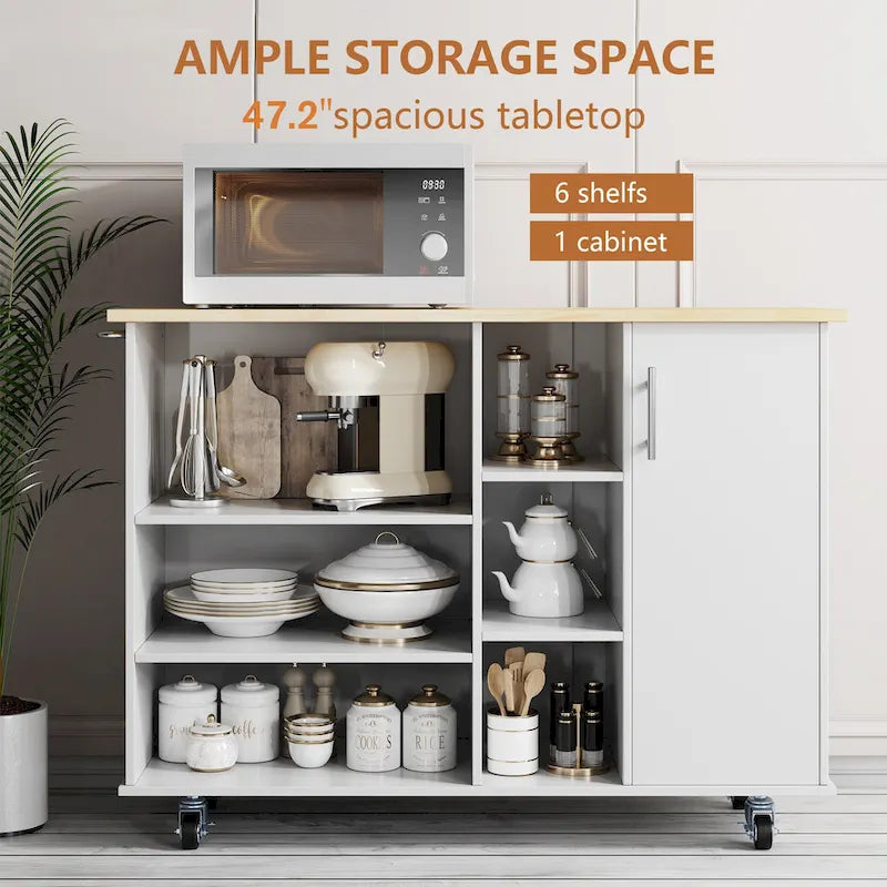 Futzca 47W Kitchen Storage Island Cart with 6 Open Shelves and 1 Cabinet