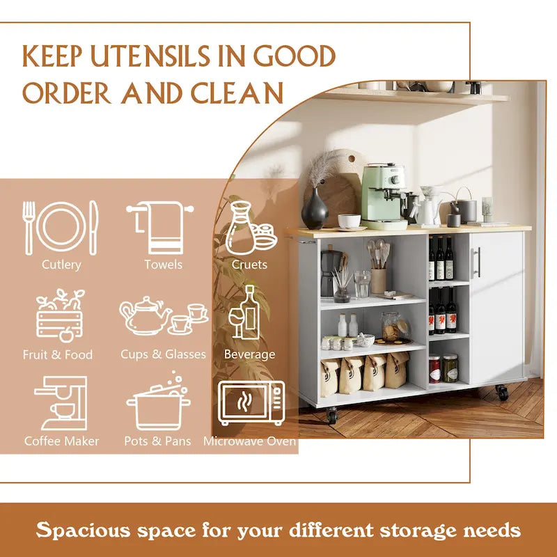 Futzca 47W Kitchen Storage Island Cart with 6 Open Shelves and 1 Cabinet