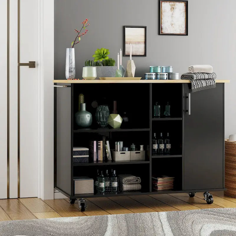 Futzca 47W Kitchen Storage Island Cart with 6 Open Shelves and 1 Cabinet
