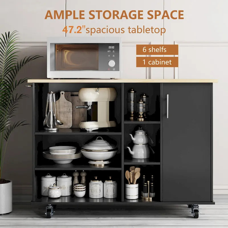 Futzca 47W Kitchen Storage Island Cart with 6 Open Shelves and 1 Cabinet